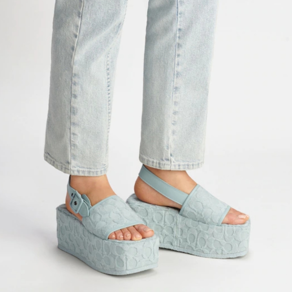 Coach Powder Blue Logo-Embossed Platform Sandals
